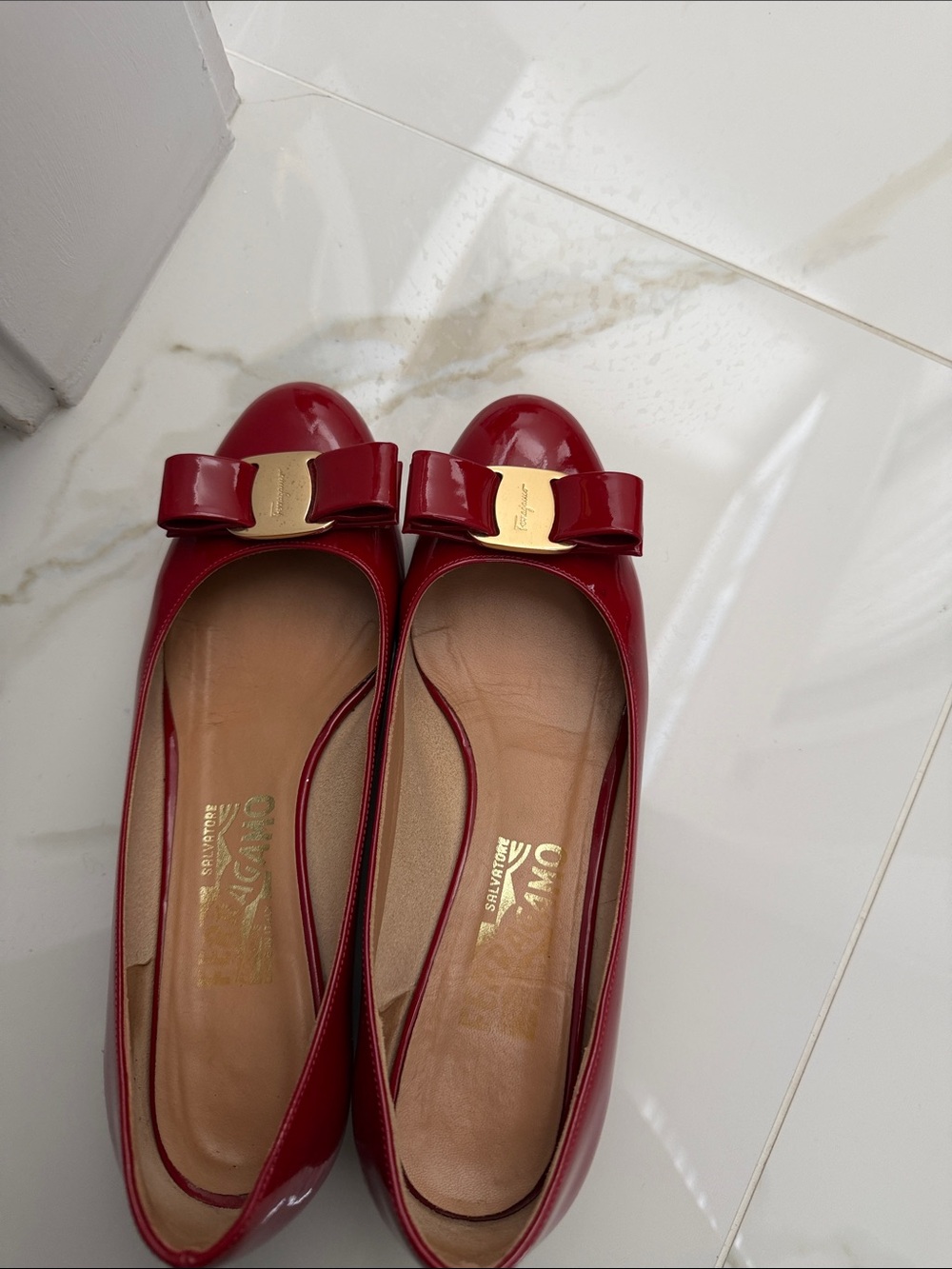 Salvatore Ferragamo Red Patent Leather Bow Flats